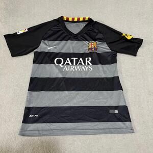 Nike FC Barcelona Away Jersey Qatar Airways Gray Black Stripes Size L Soccer
